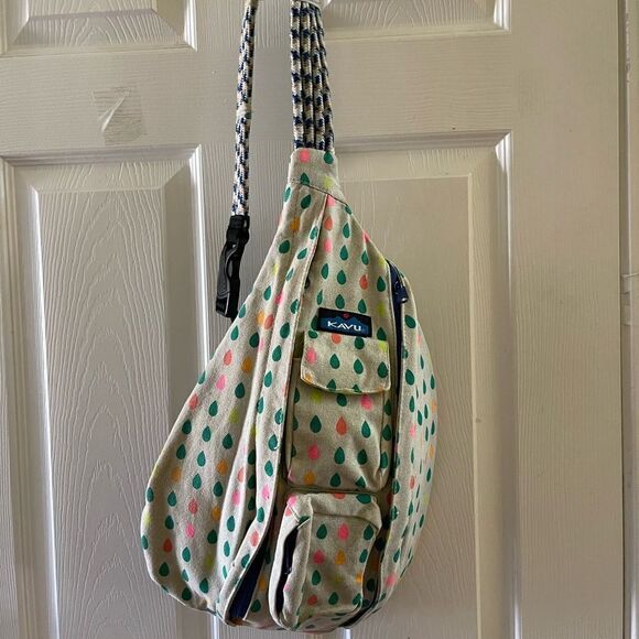 KAVU Rope Sling Backpack Canvas Beige Retro Muted Rainbow Raindrops - Picture 1 of 10